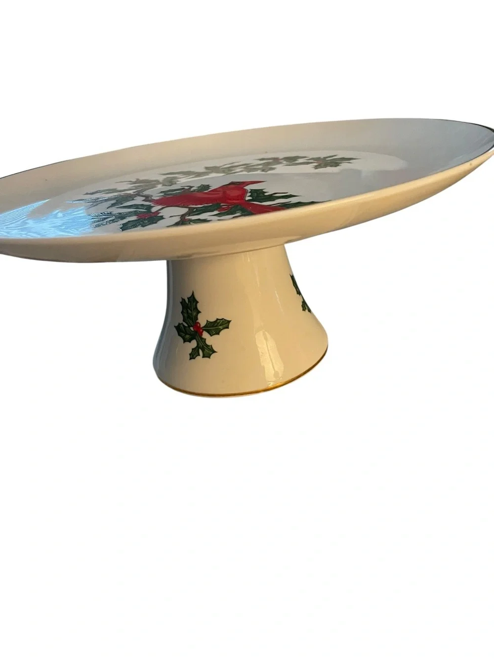 Lefton Cardinal & Holly Christmas Holiday Pedestal Cake Plate Stand 1072